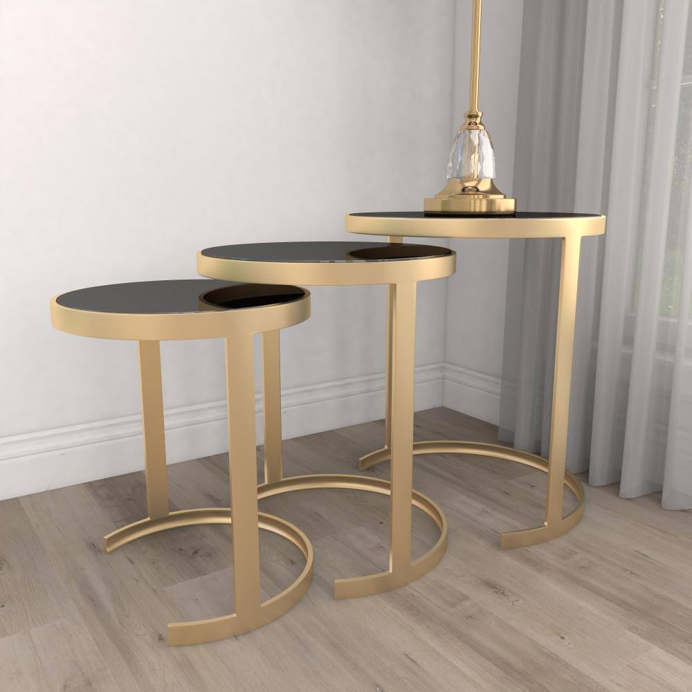 Elegant Gold Metal and Mirrored Glass Round Nesting Tables, Set of 3