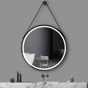 32 in. W x 32 in. H Large Round Framed Dimmable Anti Fog LED Lighted Wall Bathroom Vanity Mirror w/Hanging Strap Black