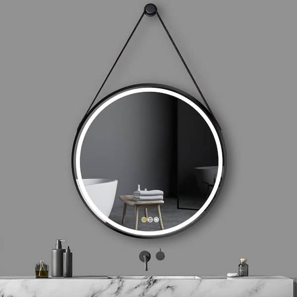 Wisfor 32 in. W x 32 in. H Large Round Framed Dimmable Anti Fog LED Lighted Wall Bathroom Vanity Mirror w/Hanging Strap Black