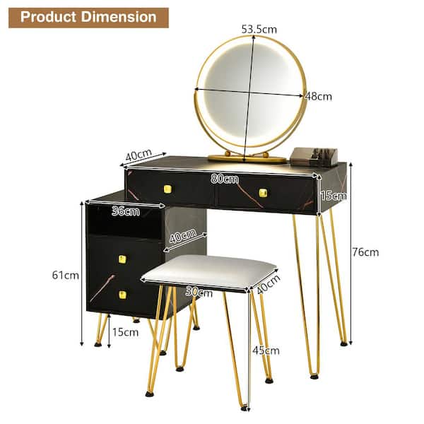 Costway Vanity Table Stool Set Dimmer LED Mirror Large Storage
