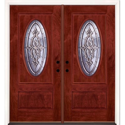 74 in.x81.625 in. Silverdale Patina 3/4 Oval Lt Stained Cherry Mahogany Right-Hand Fiberglass Double Prehung Front Door