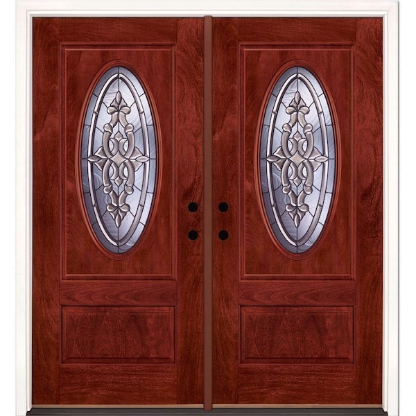 Feather River Doors 74 in.x81.625 in. Silverdale Patina 3/4 Oval Lt Stained Cherry Mahogany Right-Hand Fiberglass Double Prehung Front Door