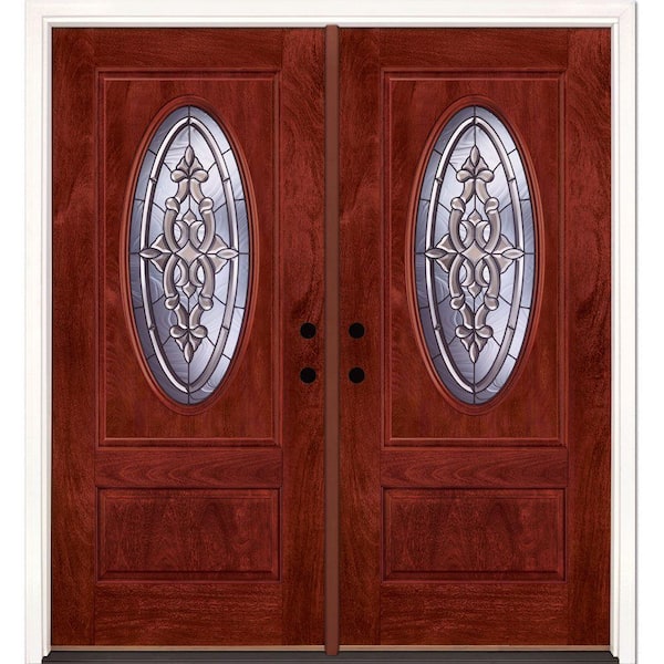 74 in.x81.625 in. Silverdale Patina 3/4 Oval Lt Stained Cherry Mahogany Right-Hand Fiberglass Double Prehung Front Door