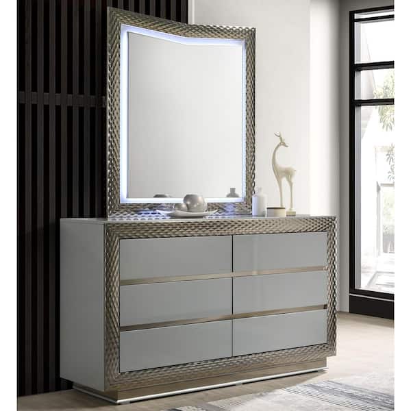 grey glass dresser Dulce Gray 6-Drawer 61 in. with Mirror and Silver Molding Elvera