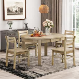 5-Piece Natural Extendable Wood Top Round Dining Set with 4 Dining Chairs, Storage Drawers and 16 in. Removable Leaf