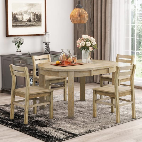 Harper & Bright Designs 5-Piece Natural Extendable Wood Top Round ...