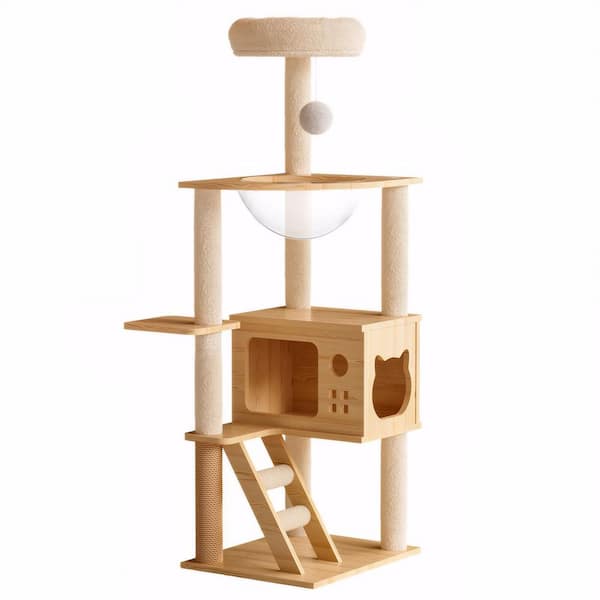maocao hoom 48.8 in. Wood Cat Tree Tower, Cat Tree with Sisal-Covered Scratching Posts and Top Perch, Cat Condo with Acrylic Hammock