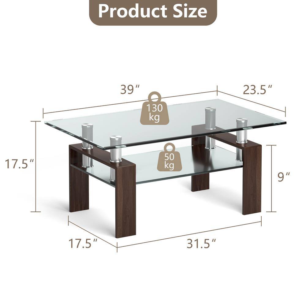 Rectangular Coffee Glass and Metal Coffee Table with Shelf