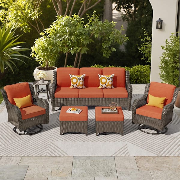 Lotus Brown 6-Pieces Wicker Patio Conversation Seating Sofa Set with Orange Red Cushions and Swivel Rocking Chairs