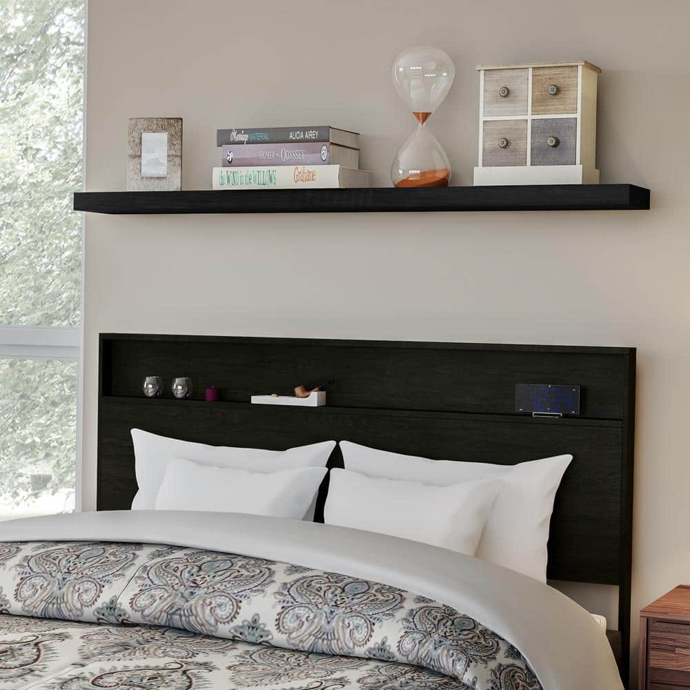 Gray Oak Full Headboard with Storage Shelf