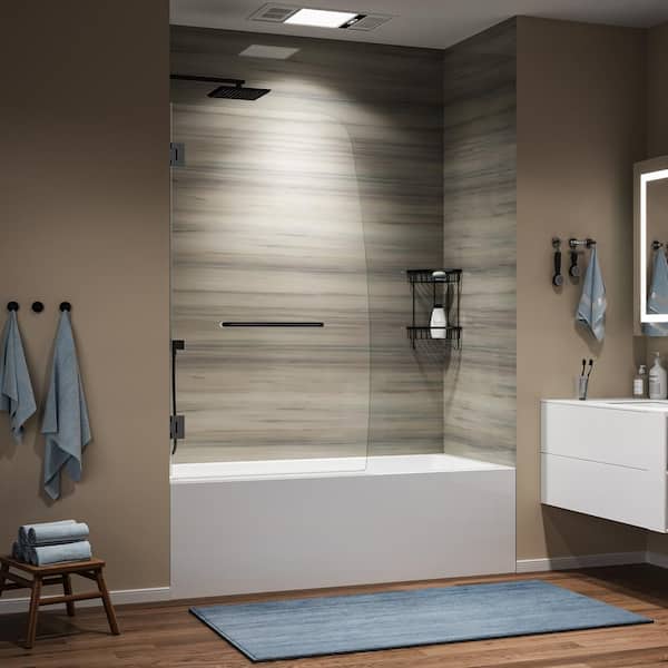 34in. W x 58in. H Pivot Frameless Hinged Bathtub Door in Matte Black with Tempered Clear Glass
