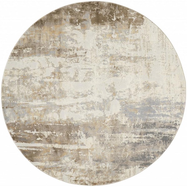 HomeRoots Tan and Ivory 8 ft. Round Abstract Area Rug