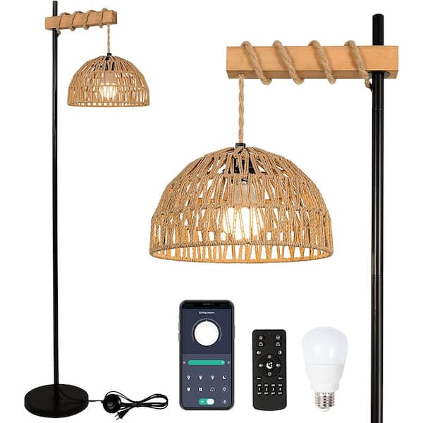 Arc Floor Lamp with Remote Control, Boho Rattan Floor Lamps, Dimmable  Farmhouse