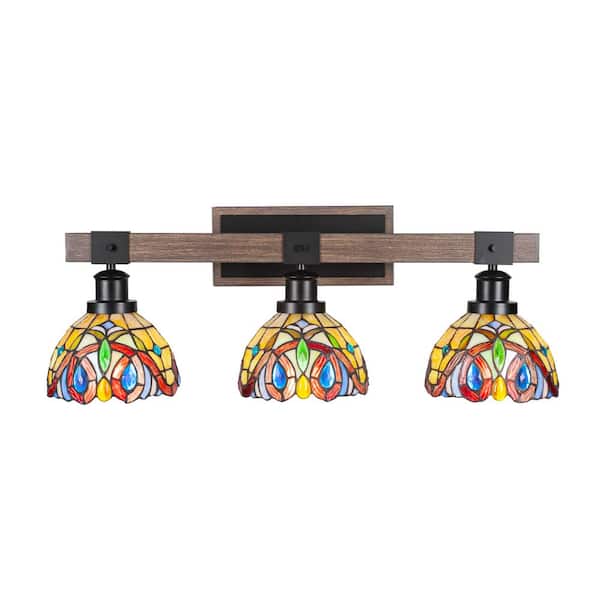 Unbranded Richmond 27.5 in. 3-Light Vanity Light Matte Black and Wood-look Metal with 7 in. Lynx Art Glass no bulbs included