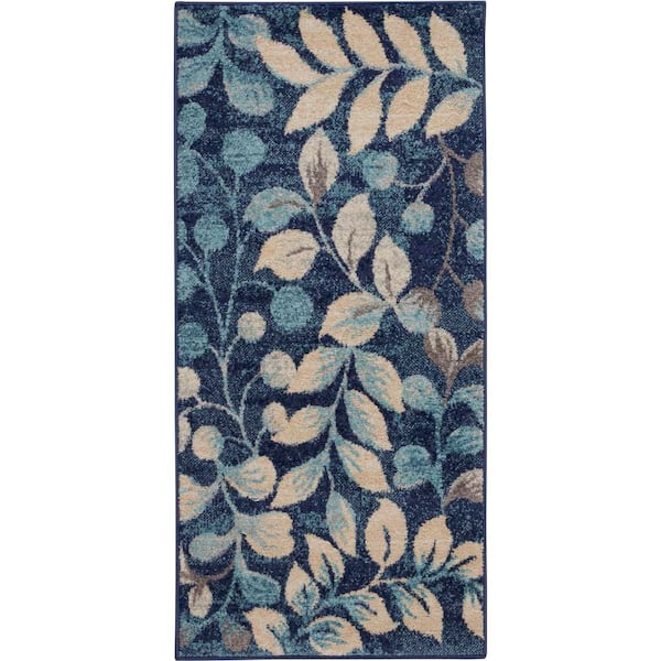Tranquil Navy Blue doormat 2 ft. x 4 ft. Floral Modern Kitchen Area Rug