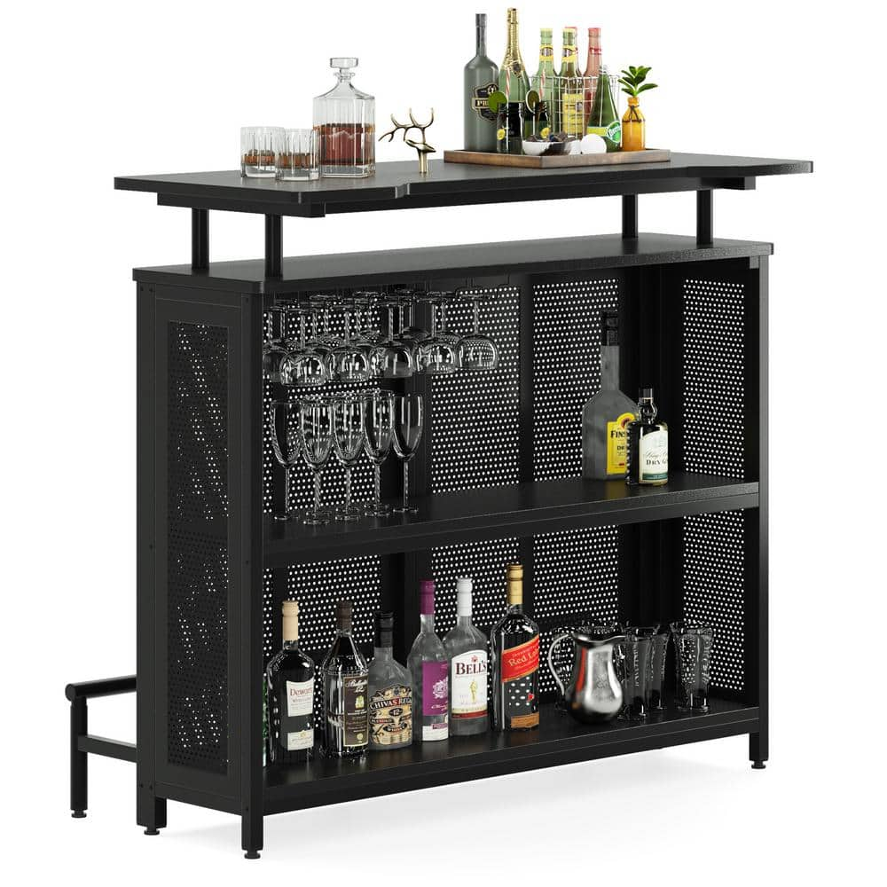 Tribesigns Walter 47.2 in. Black Wood Home Bar Unit, 3-Tier Liquor Bar ...