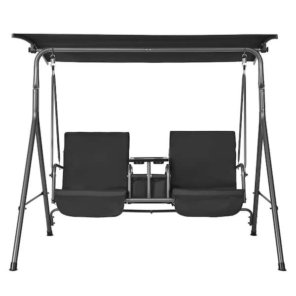 SVOPES 2-Seat Patio Swing Chair, Outdoor with Adjustable Canopy, Storage Bag and Rotating Tray, Oxford Fabric, Steel, Black