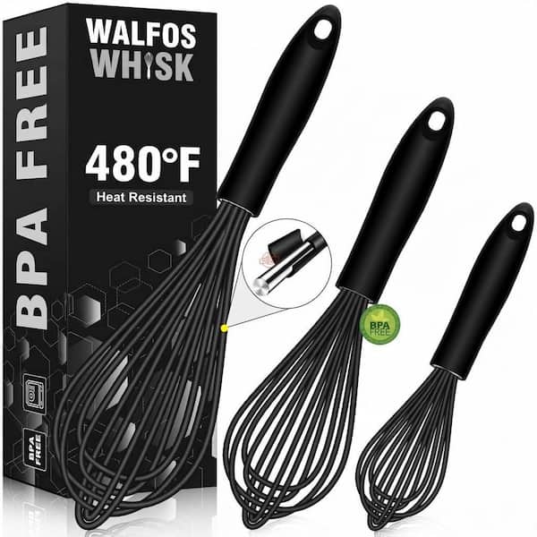 Silicone Stainless Steel Whisk Set of 3 Kitchen Balloon Egg Beater Heat Resistant Non-Scratch Dishwasher Safe, Black