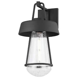 Brady 9.5 in. 1-Light Textured Black Outdoor Lantern Wall Sconce with Clear Glass Shade