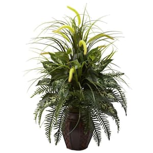 3 ft. Artificial Mixed Greens and Cattails with Decorative Planter