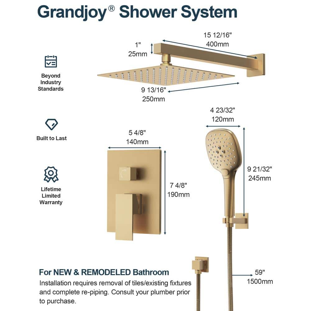 Gold Wall Mounted Rain Shower System with Handheld Spray