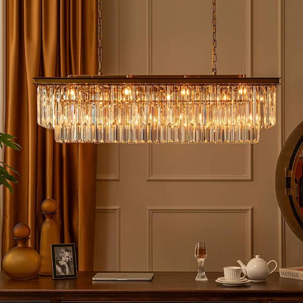 49.2in 12-Light Modern Crystal Antique Gold Linear Rectangular Chandelier with Crystal for Kitchen Island Dining Room