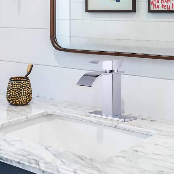 Modern Single Handle Bathroom Sink Faucet, Single Hole Basin Faucet with Deckplate and Supply Lines in Polished Chrome