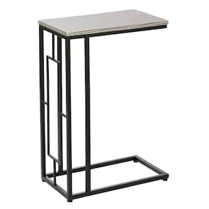 19 in. Light Brown C-Shaped Large Rectangle Wood End Table with Black Metal Base