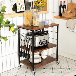 3-Tier Kitchen Baker's Rack Microwave Oven Storage Cart w/Hooks Rustic
