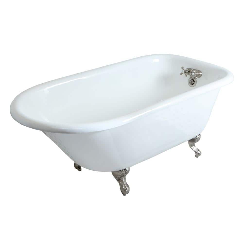 60 in. Cast Iron Brushed Nickel Claw Foot Roll Top Tub with 3-3/8 in. Cente