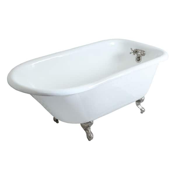 Aqua Eden 60 in. Cast Iron Brushed Nickel Claw Foot Roll Top Tub with 3-3/8 in. Centers in White