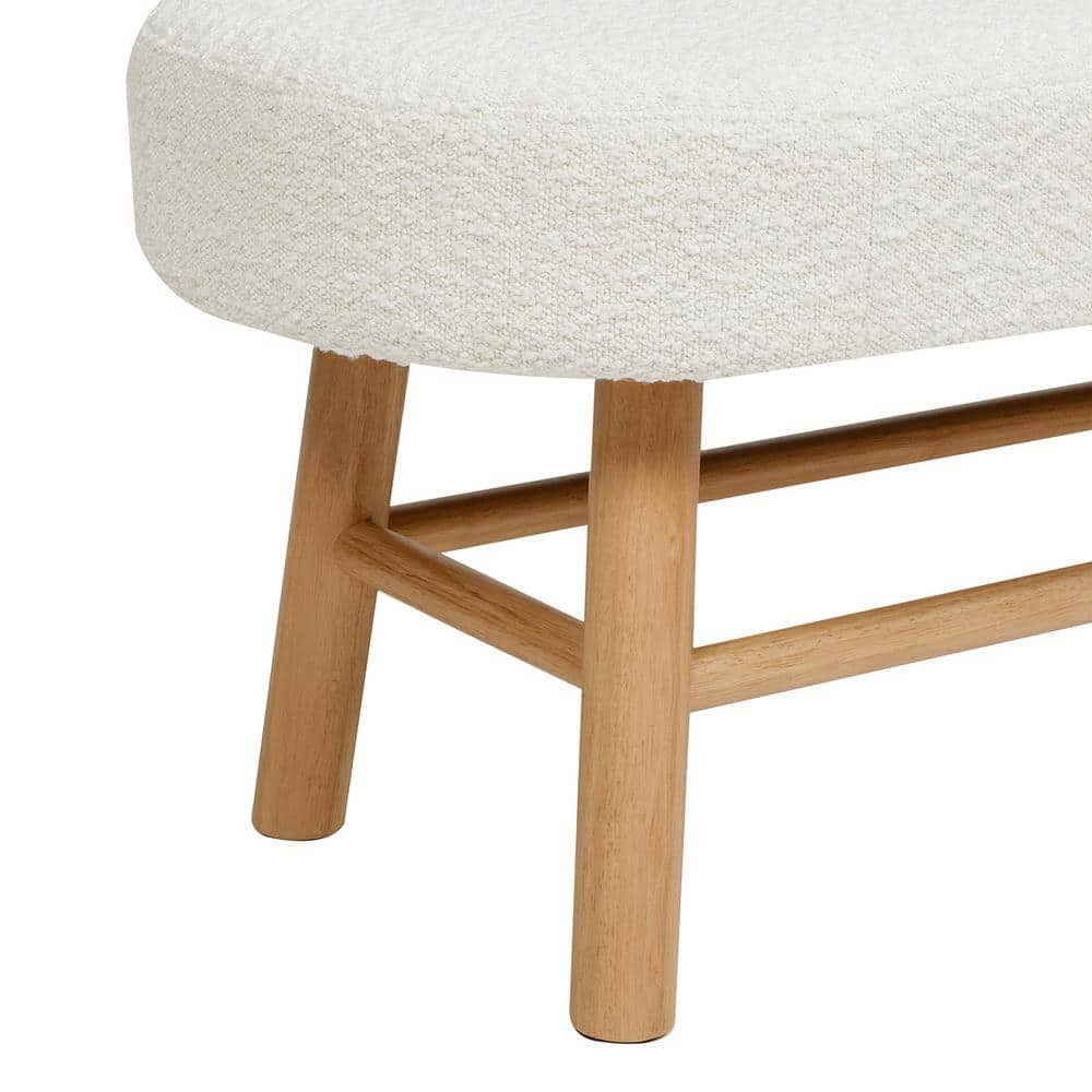 Ivory White Boucle Upholstered Bedroom Bench with Natural Wood Legs