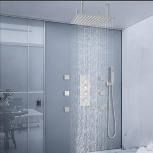 Luxury 3-Spray Dual Patterns Thermostatic 16 in. Ceiling Mount Rainfall Shower Heads 8 GPM with 6-Jet in Brushed Nickel