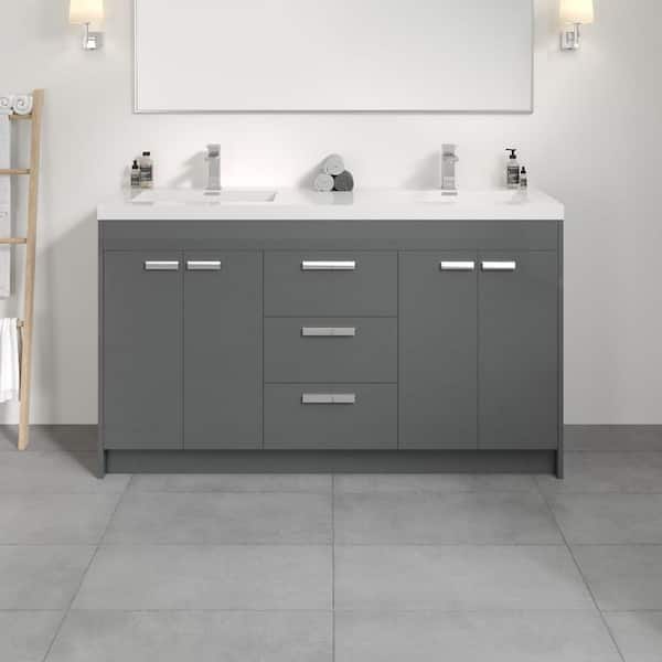 Lugano 60 in. Double Sink Gray Bath Vanity with White Acrylic Top (Assembled)