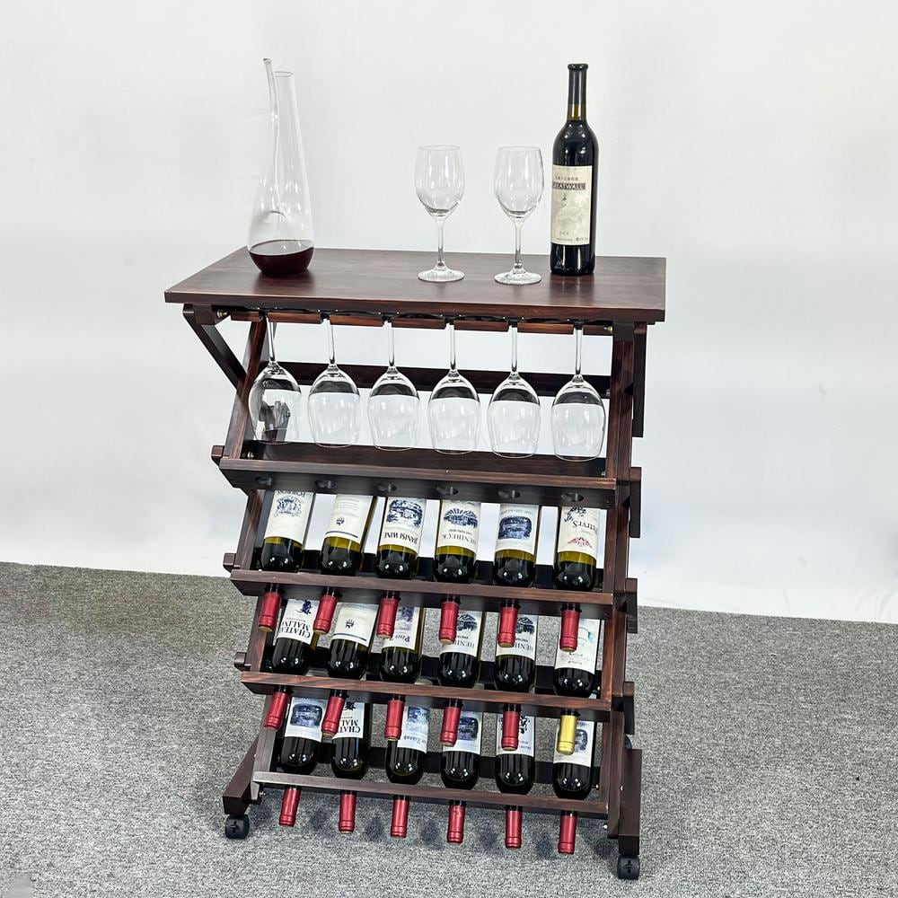 Freestanding 26-Bottle Walnut Pine Wine Display 5-Tier Display Wine Storage
