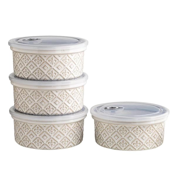 Set of 4 Beige Ceramic Mixing Bowls with Airtight Lids, Embossed Texture, Oven Microwave Dishwasher Safe