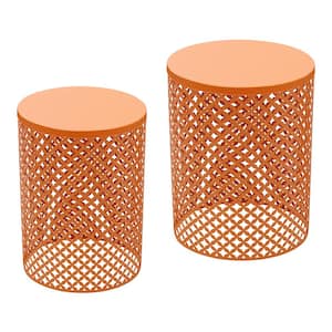 Orange 16.5 in., 19.2 in. H Outdoor Side Table Cylinder Metal Iron Frame Accent Table Patio Side Table (Set of 2)