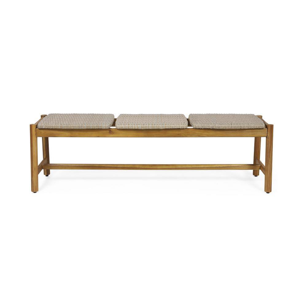 Rustic Teak Finish Acacia Wood & Wicker Outdoor Bench