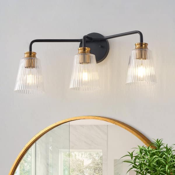 Modern 22.24 in. 3-Light Black and Copper Vanity Light Bathroom Wall Lamp Over Mirror with Clear Stripe Glass Shades