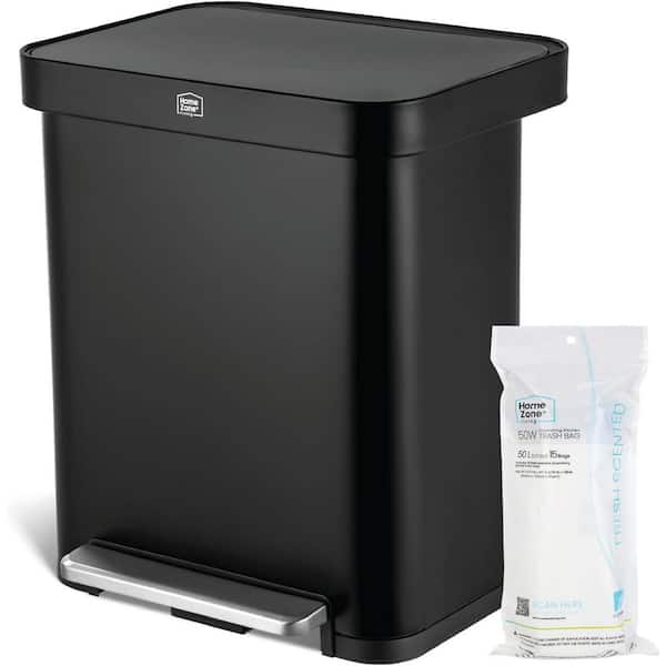 Home Zone Living 13 Gal. Black Stainless Steel Kitchen Trash Can with Step-On Pedal and Slow Closing Lid, Virtuoso Collection