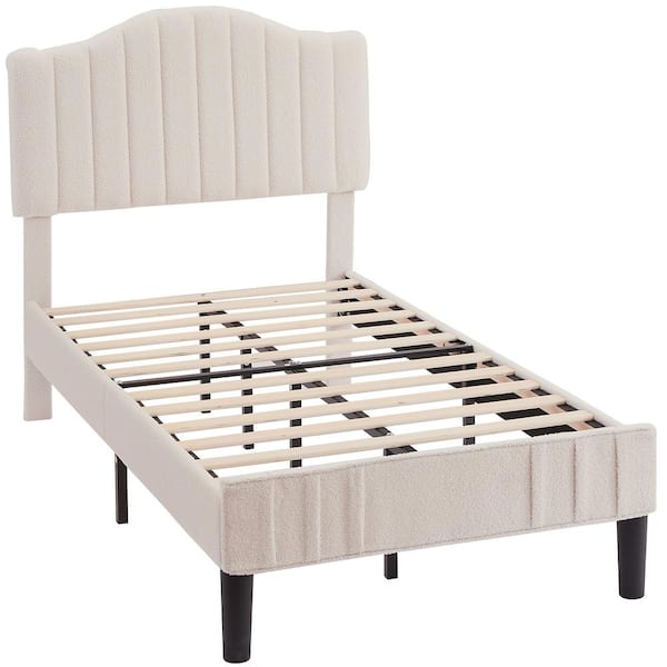 VECELO Upholstered Bed Frame With Sheepskin Fabric Adjustable Headboard ...