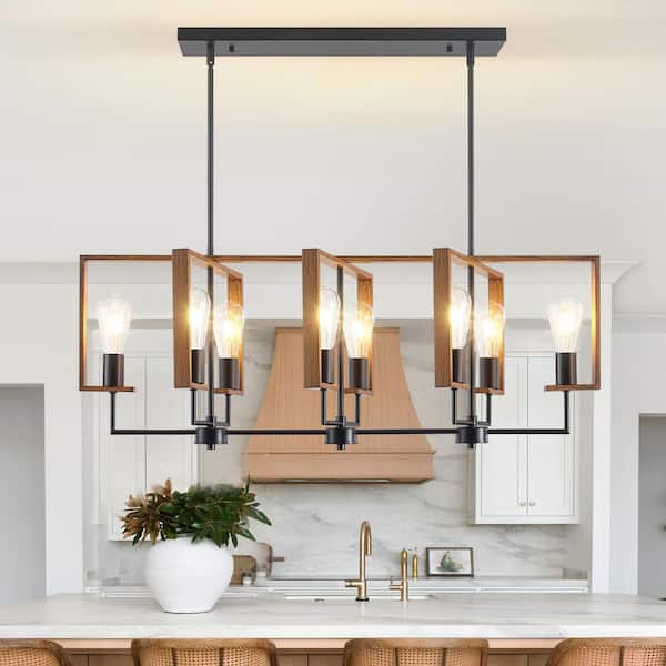8-Light Black and Brown Modern Farmhouse Metal Kitchen Island Pendant