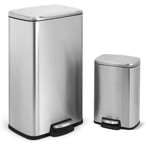 8 Gal/30-Liter and 1.3 Gal/5-Liter Fingerprint Free Stainless Steel Kitchen & Bathroom Rectangular Step-on Trash Can Set