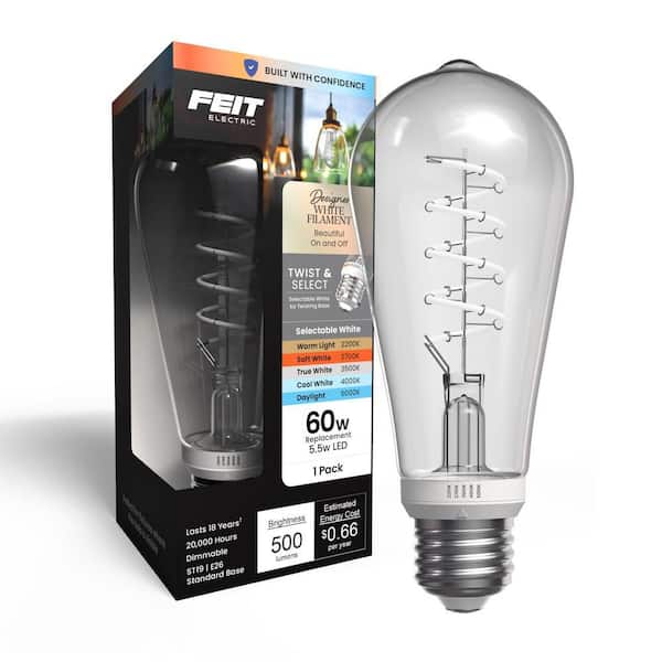60W Equiv. ST19 Dim. White Spiral Filament E26 Medium Straight Tapered Twist Select LED Light Bulb Selectable White