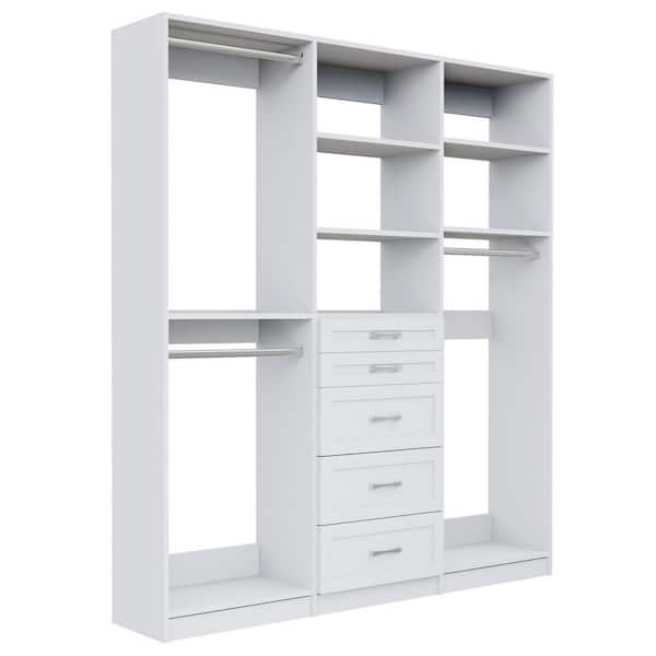 Alto Collection 84 in. W White Wall Mounted Shaker Double Hang, 5-Drawer and Medium Hang Wood Closet System