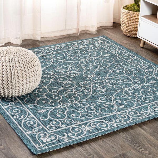 Charleston Vintage Filigree Textured Weave Teal/Gray 5 ft. Square Indoor/Outdoor Area Rug