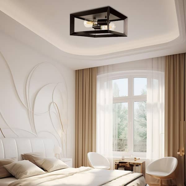 11 in. 2-Light Black Farmhouse Caged Square Flush Mount Industrial Vintage Ceiling Lighting