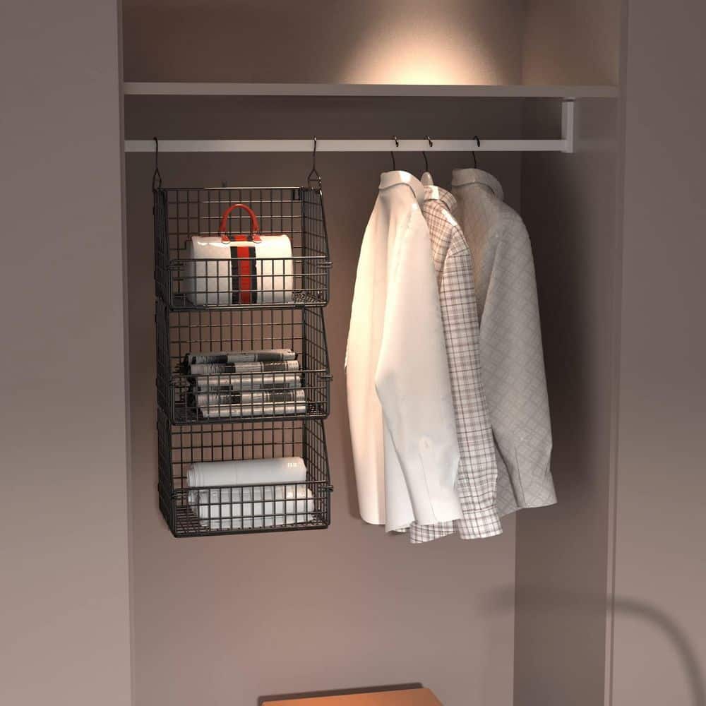 Wudkey 5-Piece Black Stackable Wire Storage Baskets, Hanging Closet ...
