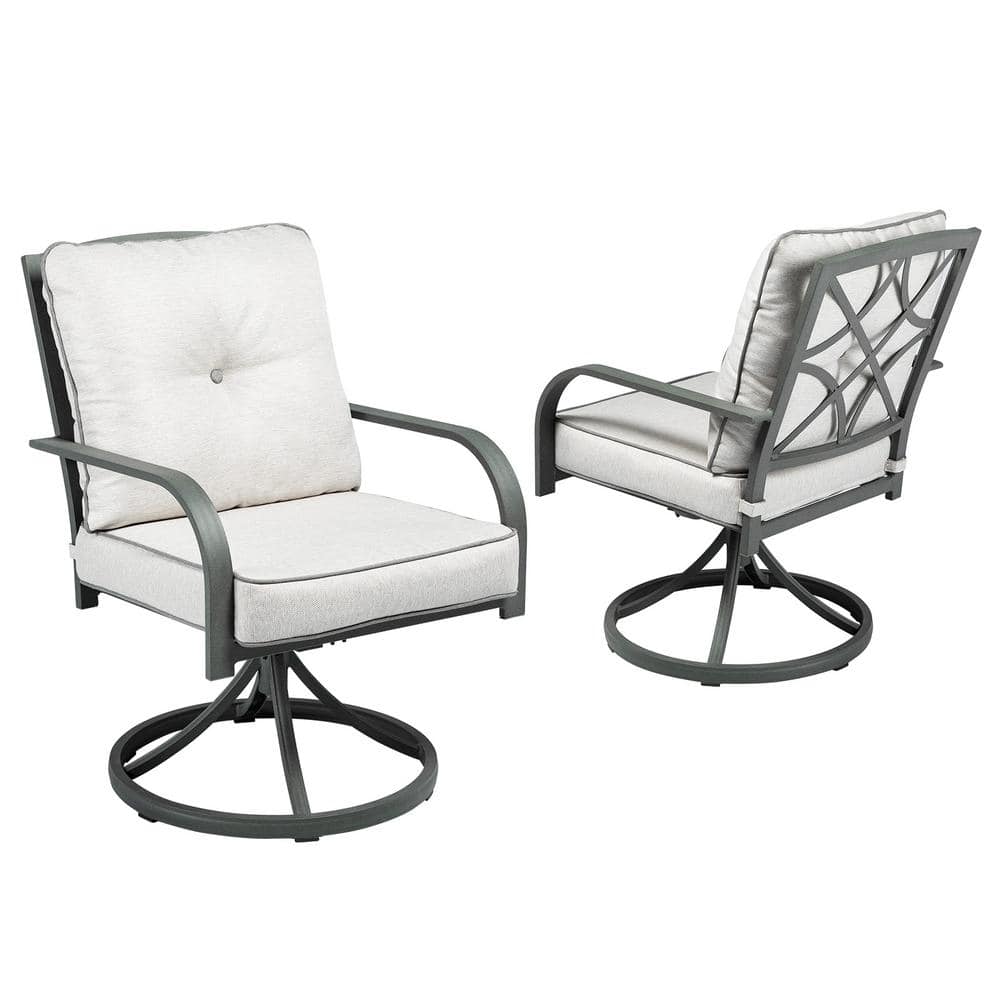 Matt Black Aluminum Outdoor Patio Swivel Lounge Chair with Beige Cushions (