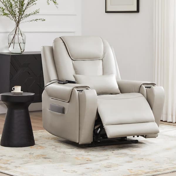 Leopoldine Gray Genuine Leather Power Lift Recliner with Adjustable Headrest, Massage, Heating, Storage Pocket